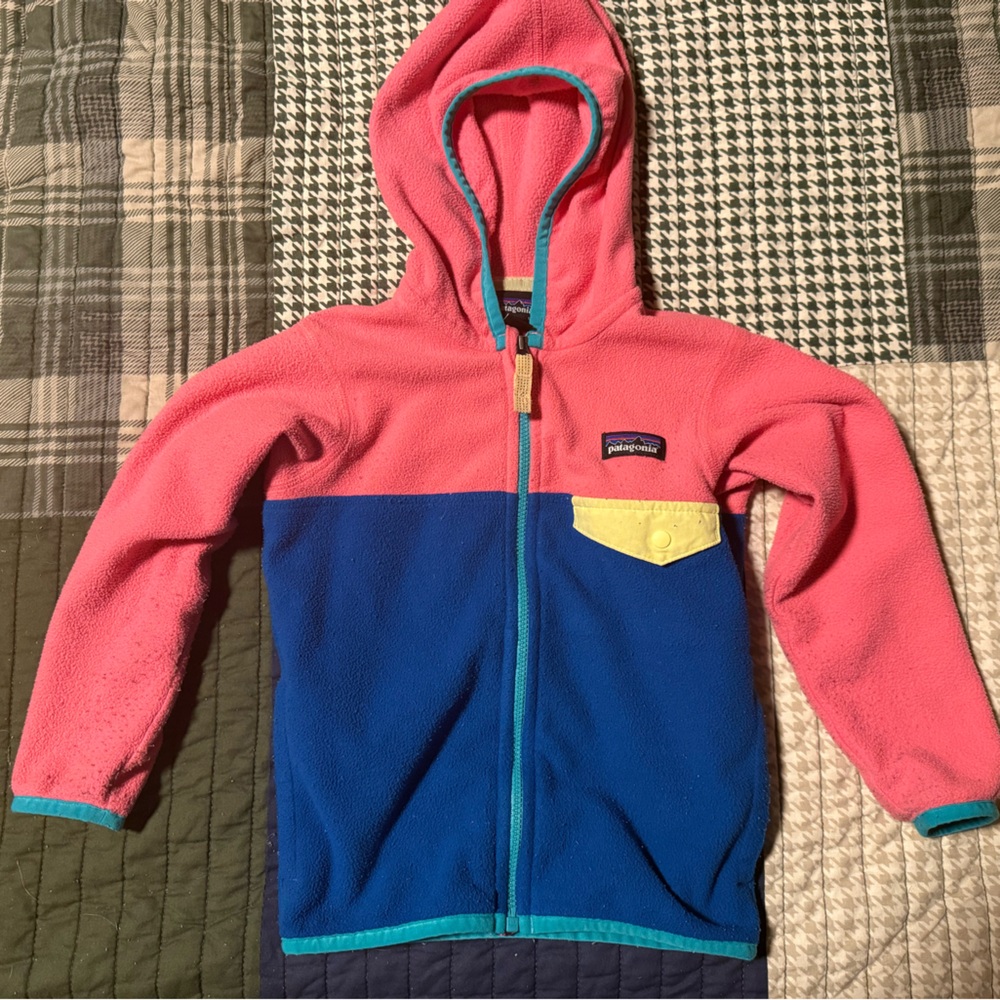 Patagonia Kids Micro-D Snap T Fleece Hoodie, Pink and Blue, 3T